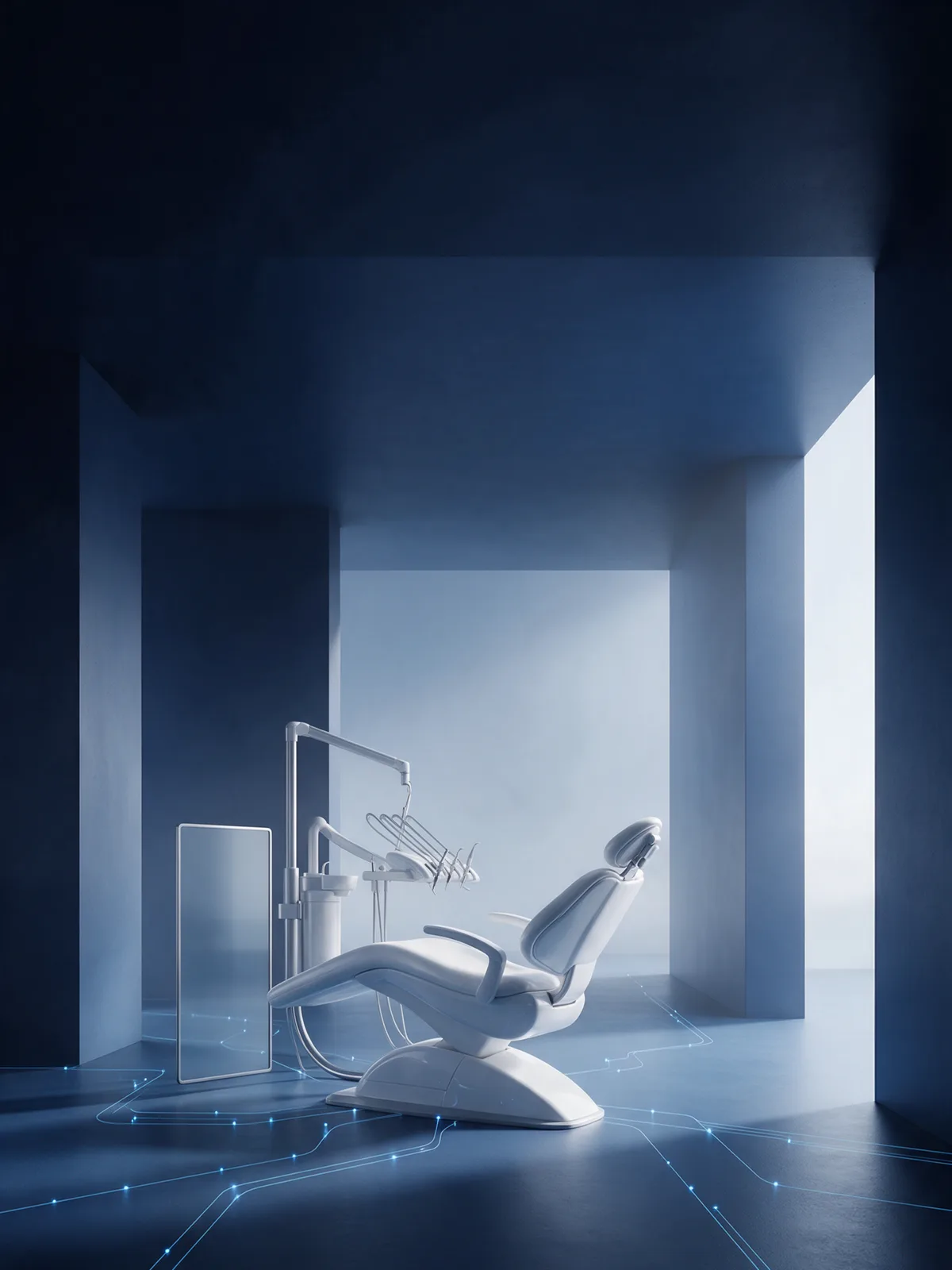 Estudio dental futurista de cerámica, cristal y metal; imagen conceptual, no una clínica real.